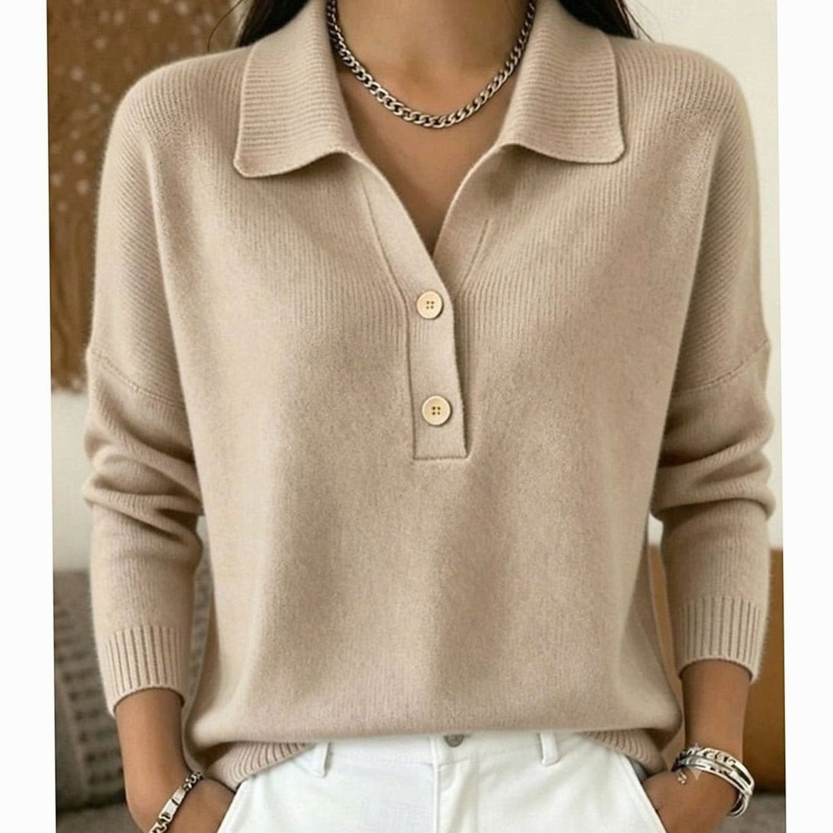 Women's Collared Button-Placket Knit Pullover Sweater
