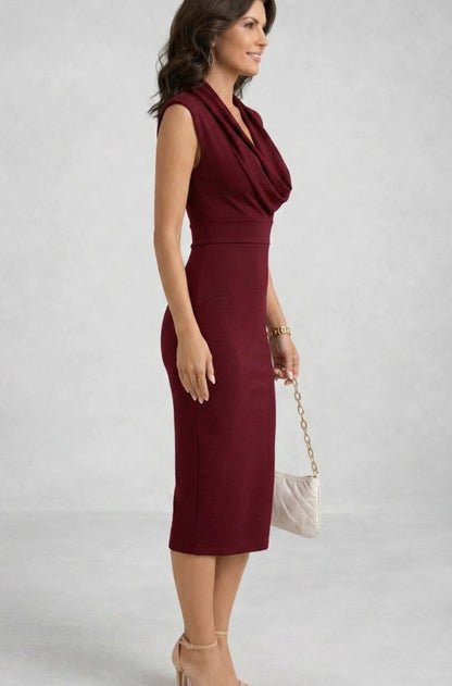 Women's Cowl Neck Sleeveless Body-Skimming Midi Cocktail Dress