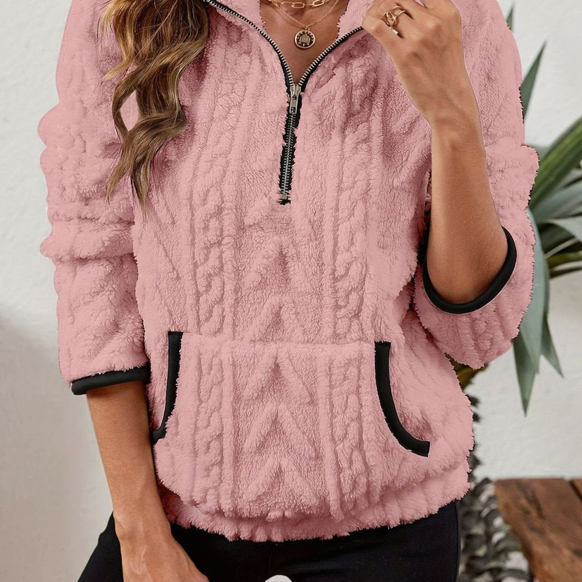 Women's Cozy Fleece Half-Zip Kangaroo Pocket Pullover Sweater