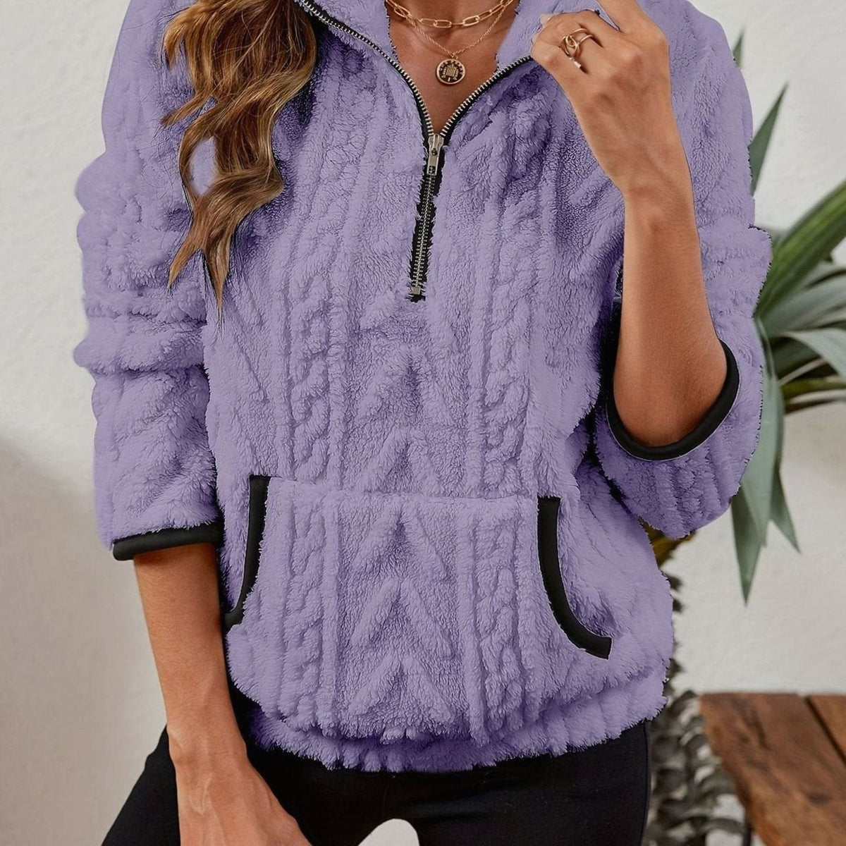 Women's Cozy Fleece Half-Zip Kangaroo Pocket Pullover Sweater