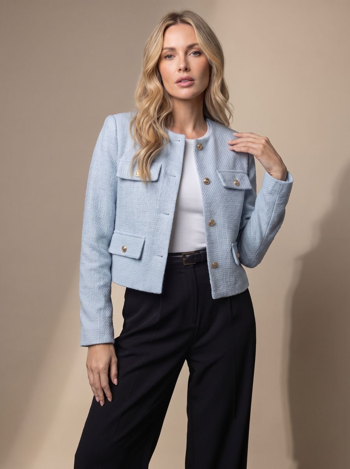 Women's Cropped Tweed Collarless Blazer with Gold Buttons and Flap Pockets