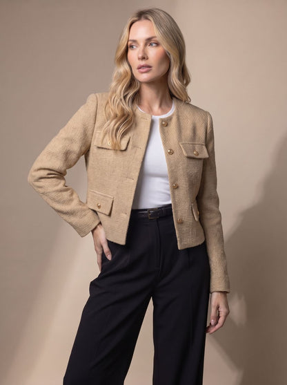 Women's Cropped Tweed Collarless Blazer with Gold Buttons and Flap Pockets