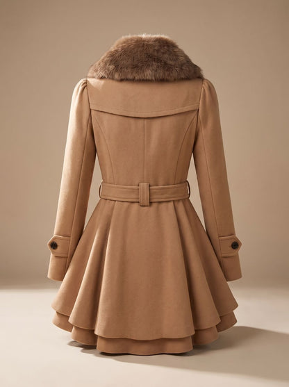 Women's Double-Breasted Faux Fur Collar Belted Wool-Blend Coat
