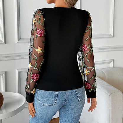 Women's Elegant Blouse with Floral Lace Sleeves