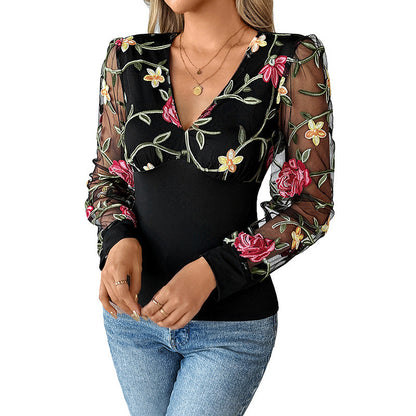 Women's Elegant Blouse with Floral Lace Sleeves