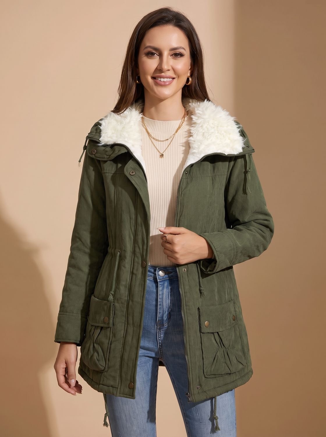 Women's Faux-Fur Collar Drawstring Waist Winter Parka Coat