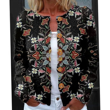 Women's Floral Button-Front Long-Sleeve Knit Cardigan
