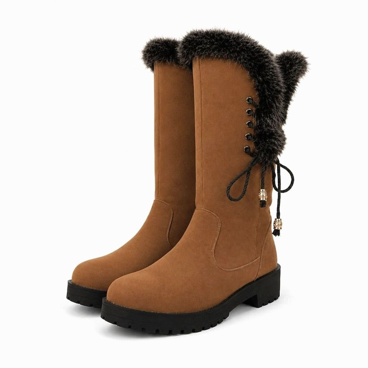 Women's Fur-Trimmed Knee-High Snow Boots with Low Block Heel
