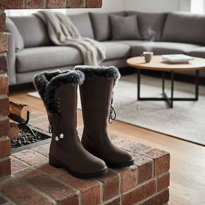 Women's Fur-Trimmed Knee-High Snow Boots with Low Block Heel