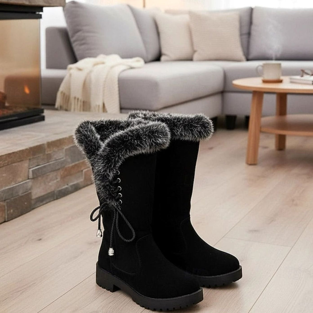 Women's Fur-Trimmed Knee-High Snow Boots with Low Block Heel
