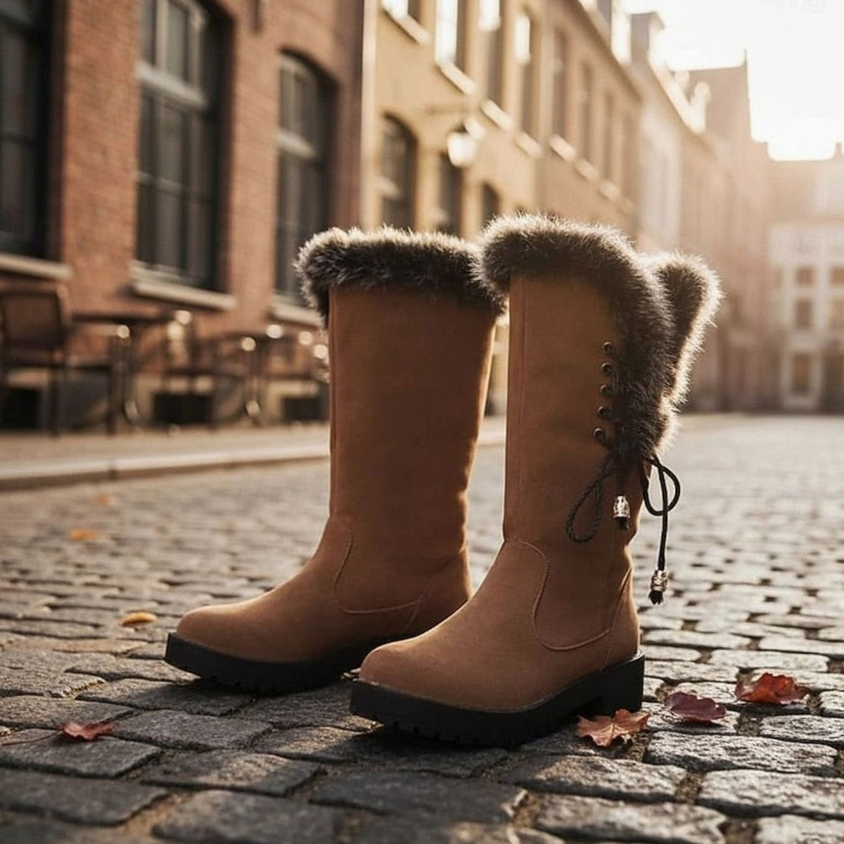 Women's Fur-Trimmed Knee-High Snow Boots with Low Block Heel
