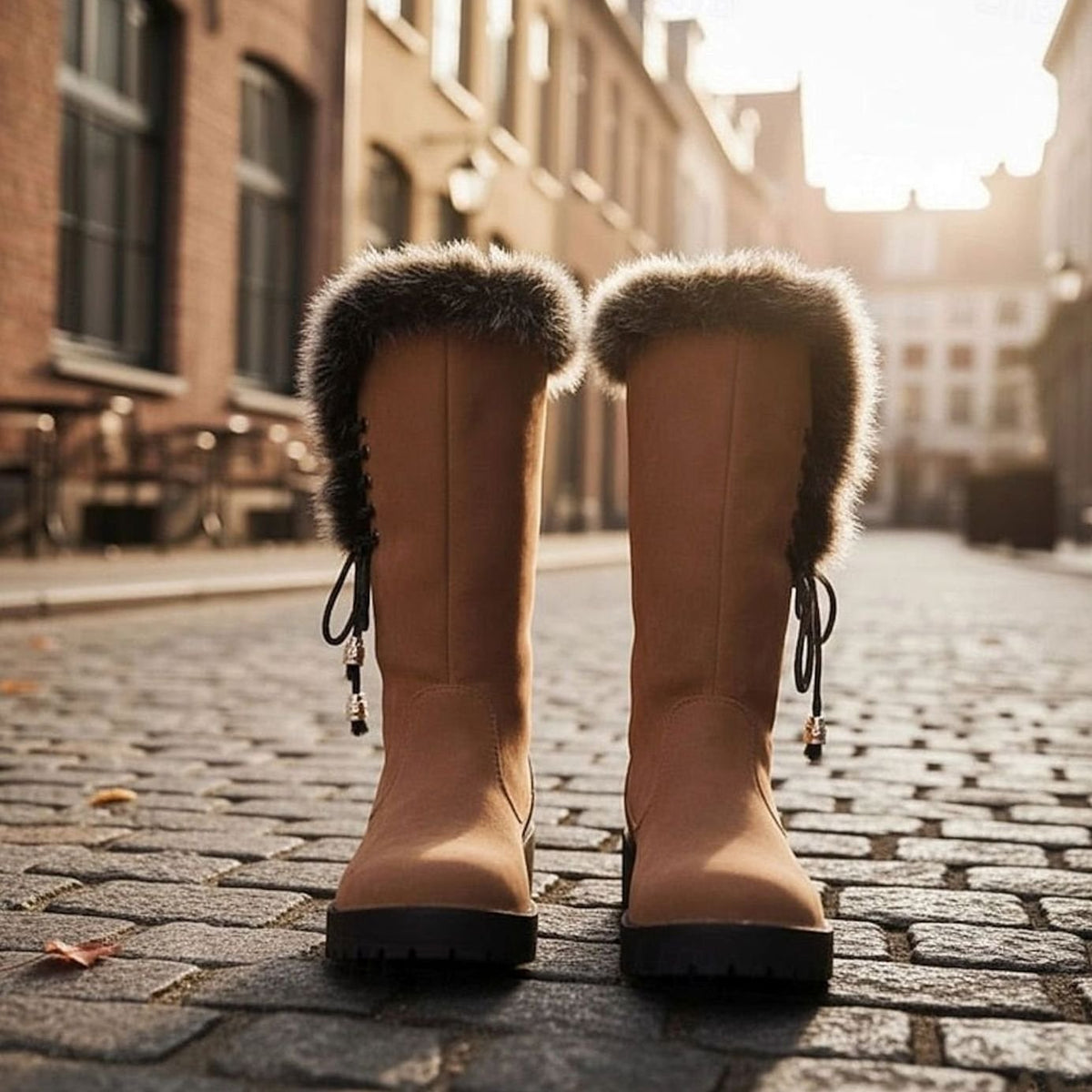 Women's Fur-Trimmed Knee-High Snow Boots with Low Block Heel