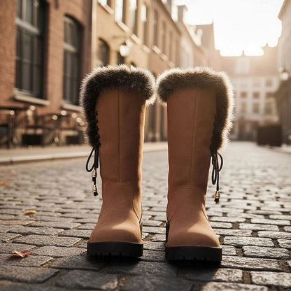 Women's Fur-Trimmed Knee-High Snow Boots with Low Block Heel
