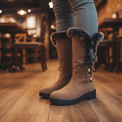 Women's Fur-Trimmed Knee-High Snow Boots with Low Block Heel
