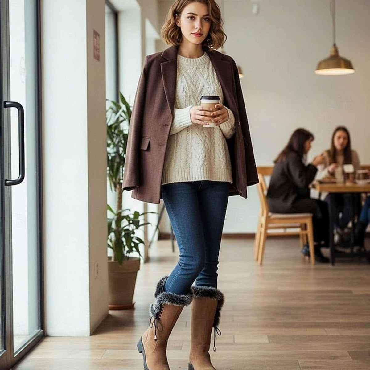Women's Fur-Trimmed Knee-High Snow Boots with Low Block Heel
