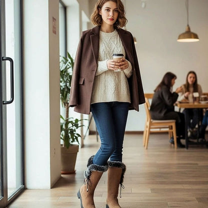 Women's Fur-Trimmed Knee-High Snow Boots with Low Block Heel