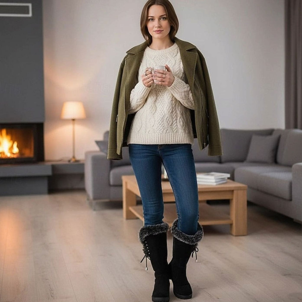 Women's Fur-Trimmed Knee-High Snow Boots with Low Block Heel