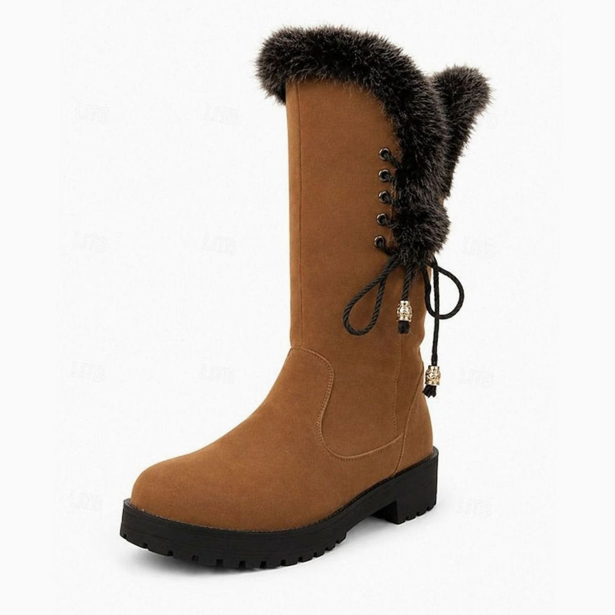 Women's Fur-Trimmed Knee-High Snow Boots with Low Block Heel