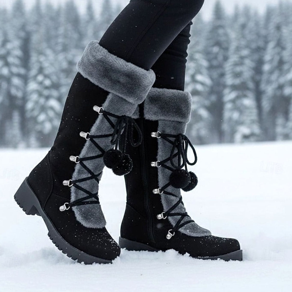 Women's Fur-Trimmed Lace-Up Mid-Calf Snow Boots