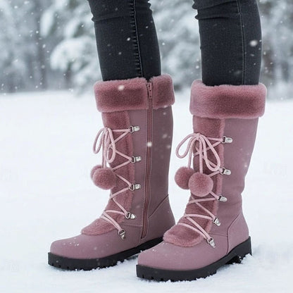 Women's Fur-Trimmed Lace-Up Mid-Calf Snow Boots