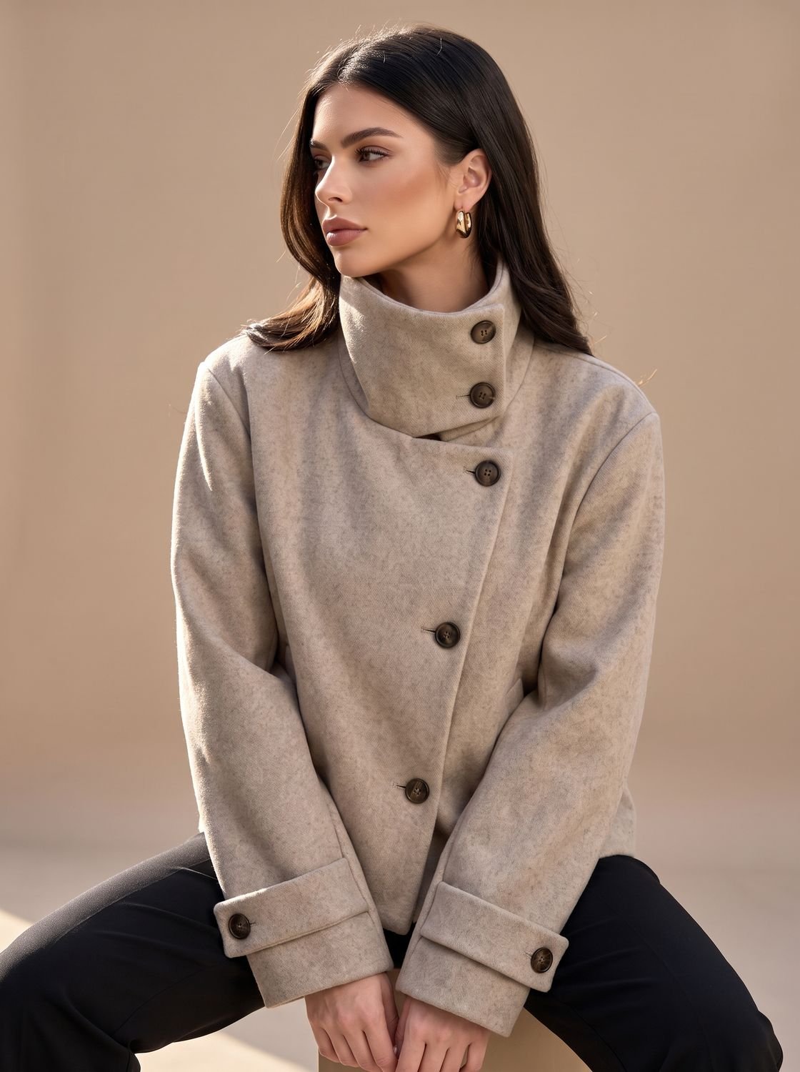 Women's High-Neck Stand Collar Button-Front Wool Blend Short Coat