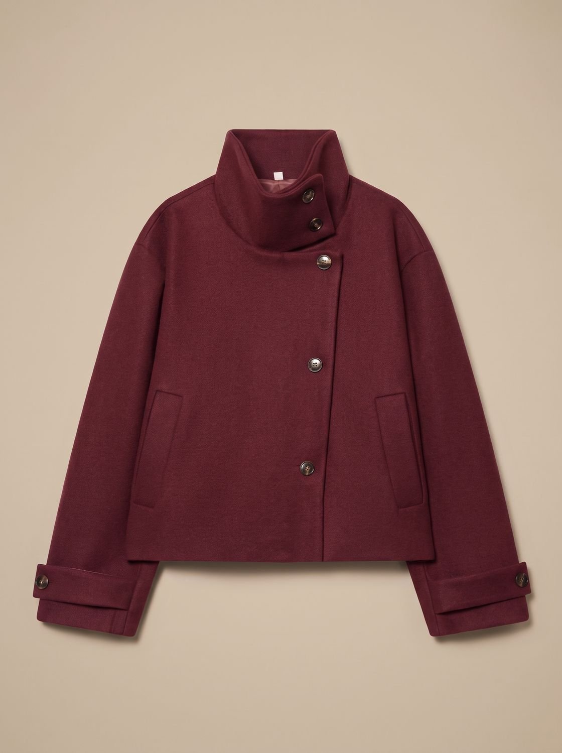 Women's High-Neck Stand Collar Button-Front Wool Blend Short Coat