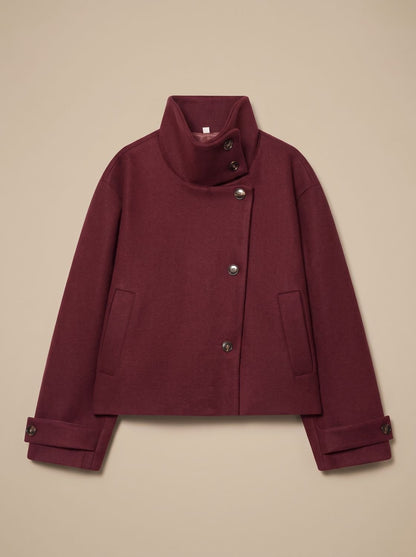 Women's High-Neck Stand Collar Button-Front Wool Blend Short Coat