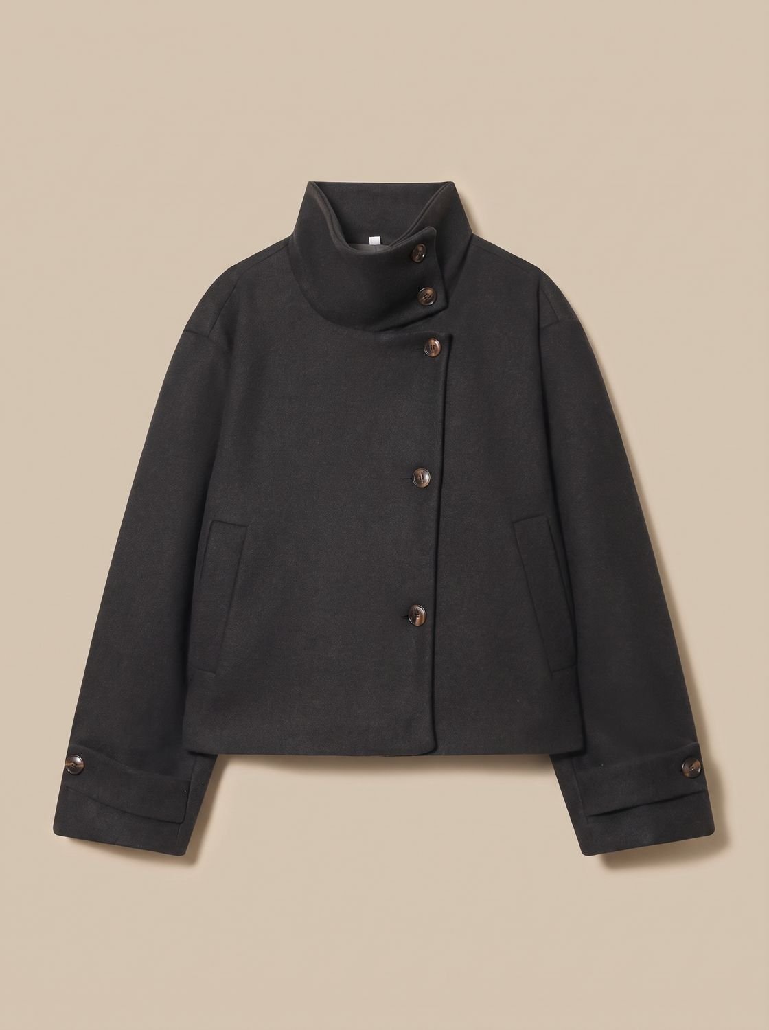 Women's High-Neck Stand Collar Button-Front Wool Blend Short Coat