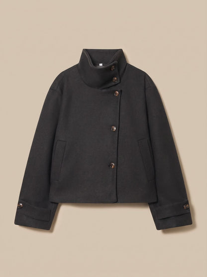Women's High-Neck Stand Collar Button-Front Wool Blend Short Coat