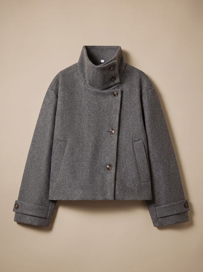 Women's High-Neck Stand Collar Button-Front Wool Blend Short Coat