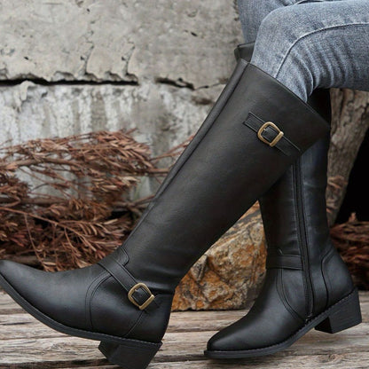 Women's Knee-High Riding Boots with Low Heel, Buckle and Zip