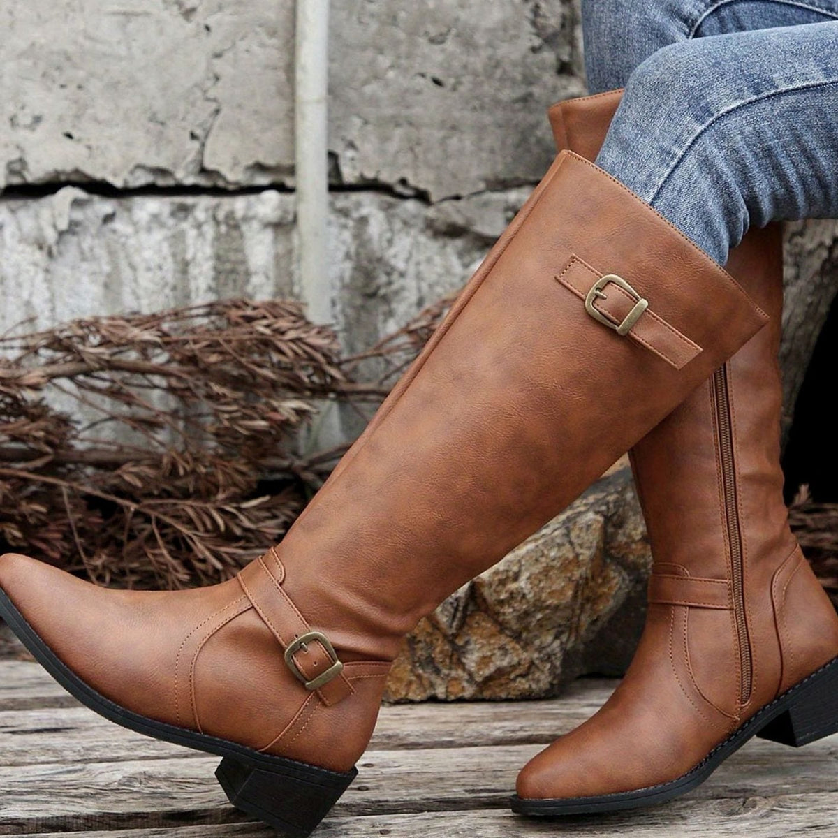Women's Knee-High Riding Boots with Low Heel, Buckle and Zip