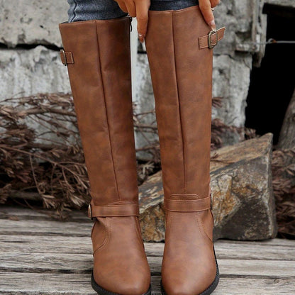 Women's Knee-High Riding Boots with Low Heel, Buckle and Zip