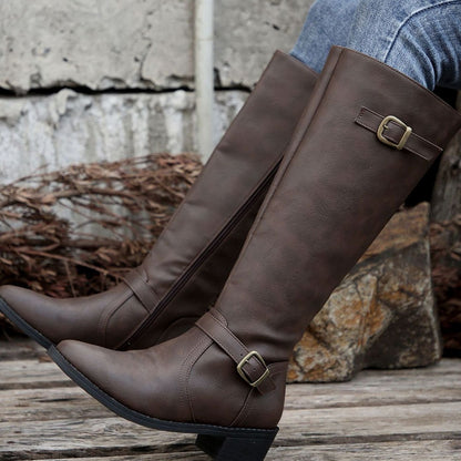 Women's Knee-High Riding Boots with Low Heel, Buckle and Zip