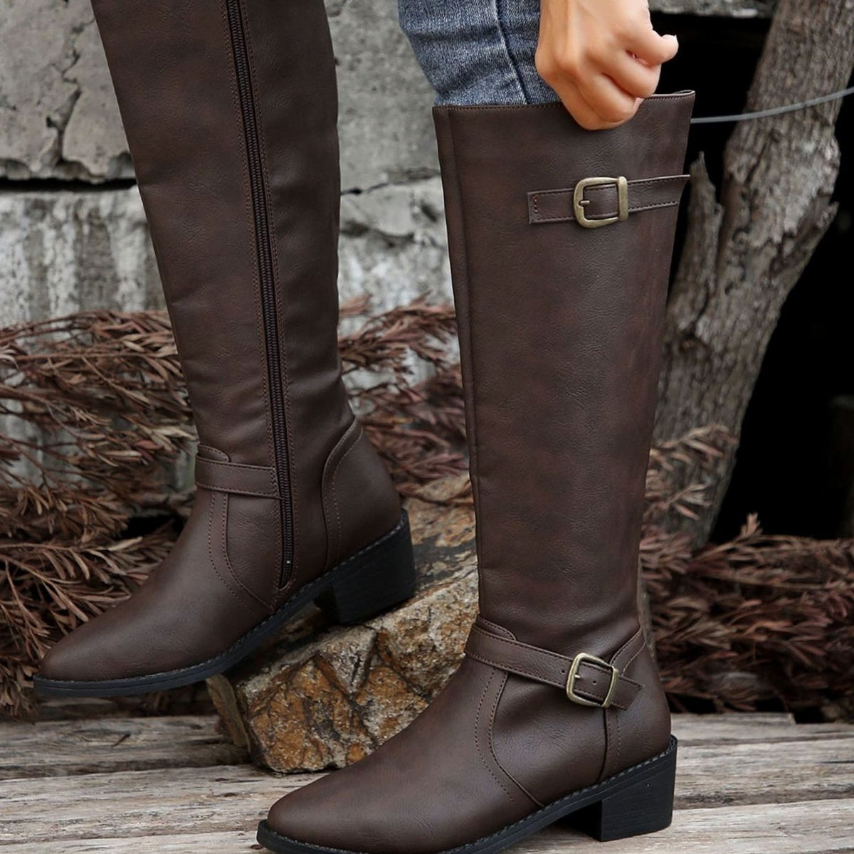Women's Knee-High Riding Boots with Low Heel, Buckle and Zip