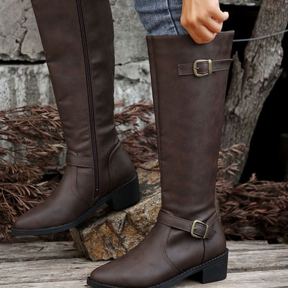 Women's Knee-High Riding Boots with Low Heel, Buckle and Zip