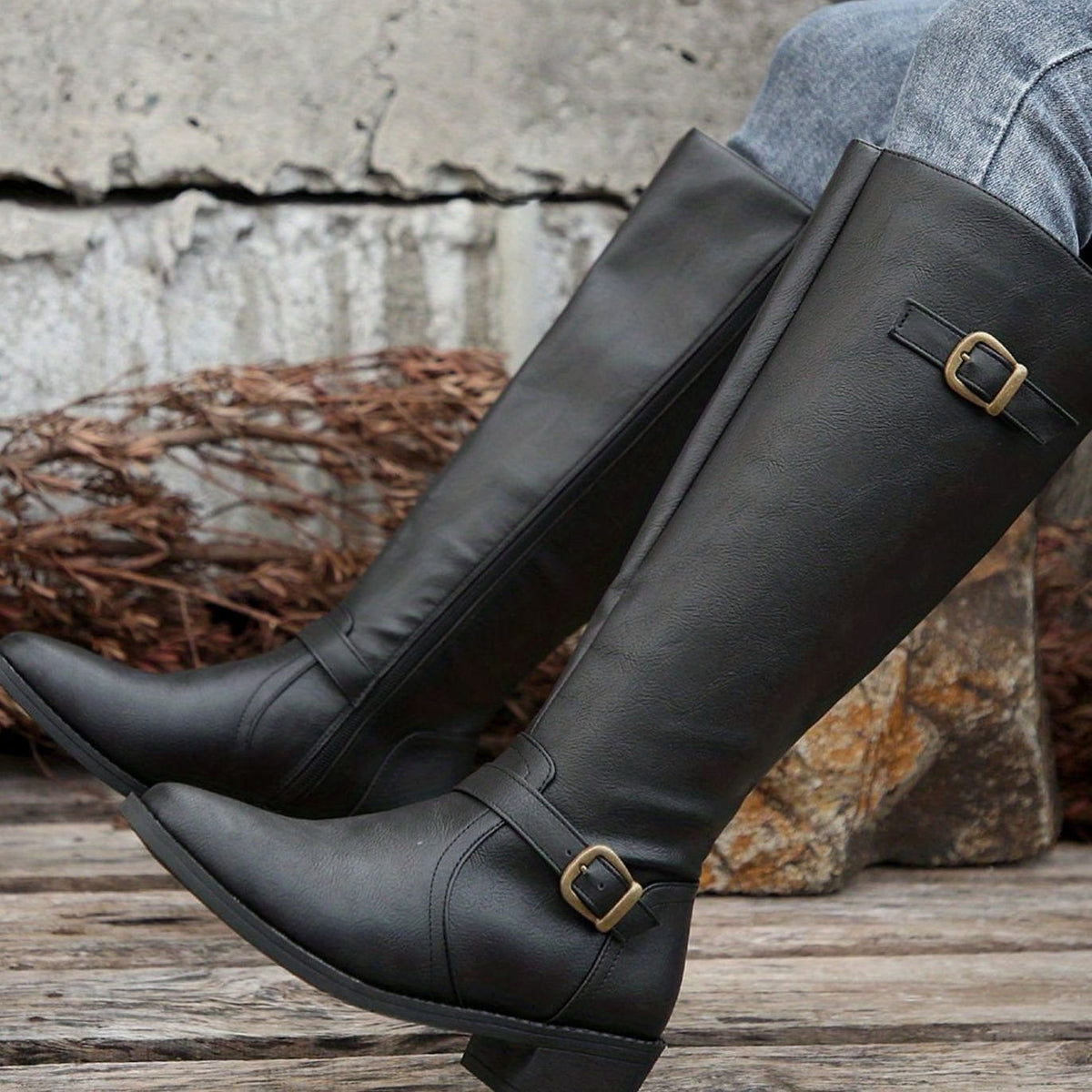 Women's Knee-High Riding Boots with Low Heel, Buckle and Zip