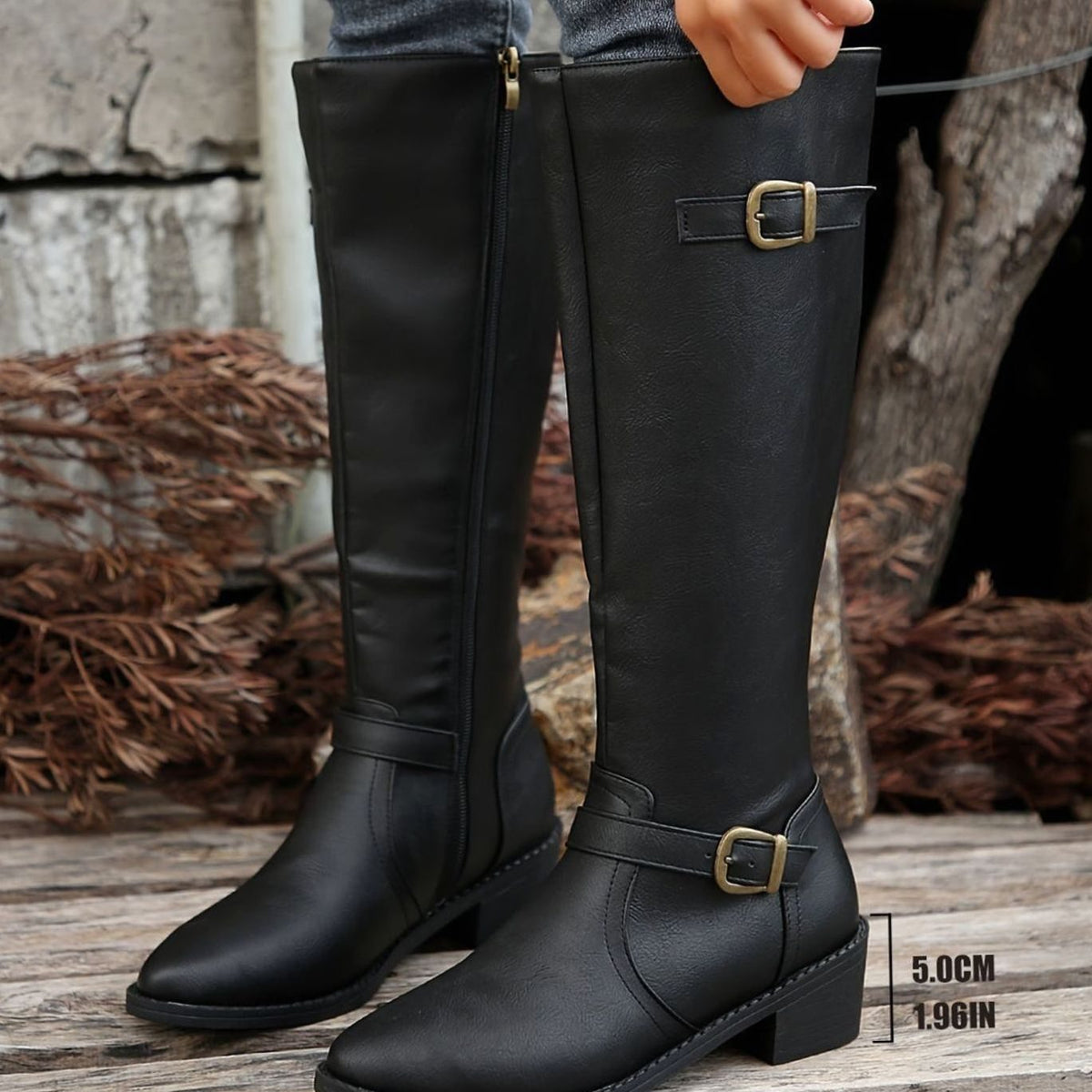 Women's Knee-High Riding Boots with Low Heel, Buckle and Zip