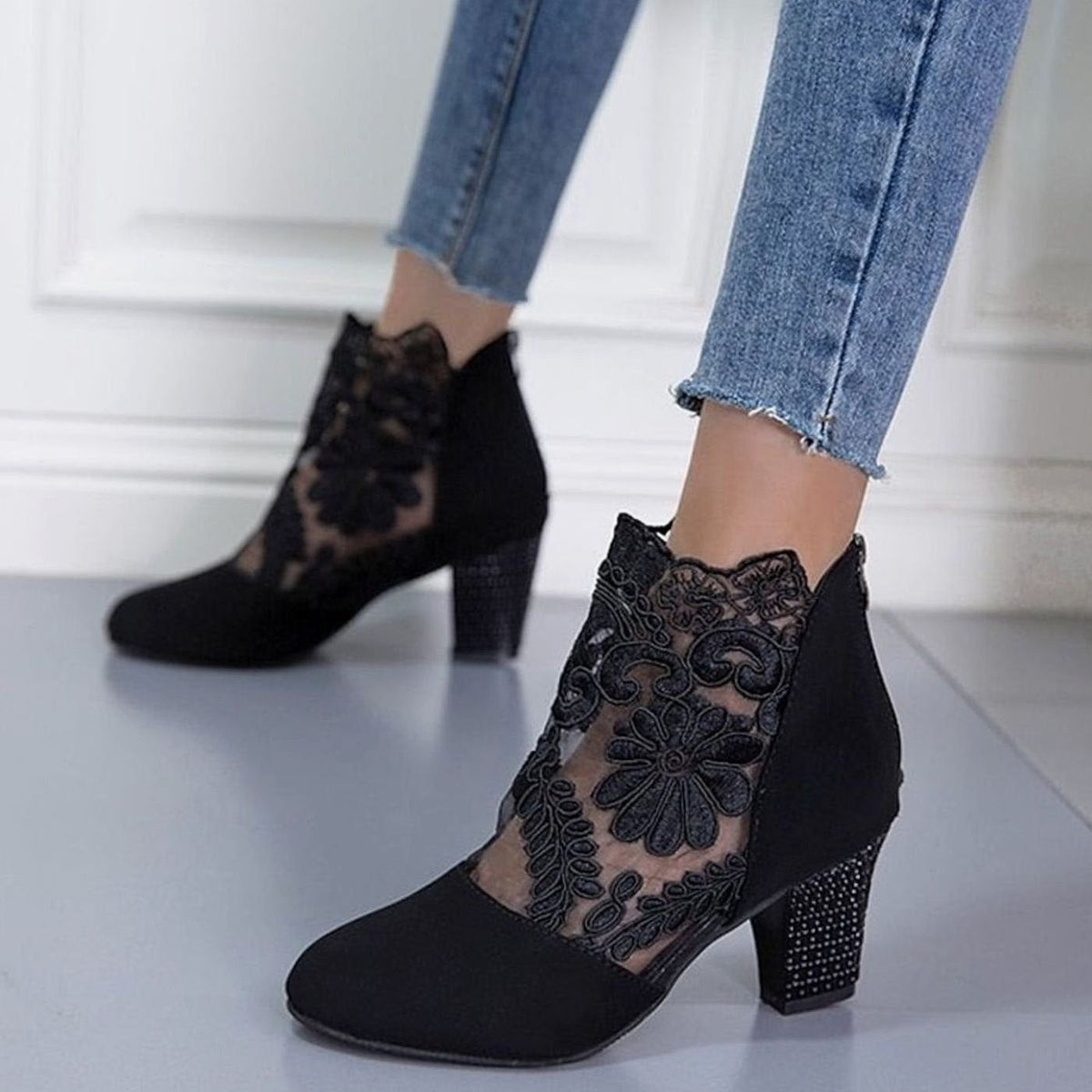 Women's Lace-Accent Block Heel Ankle Booties