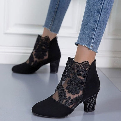Women's Lace-Accent Block Heel Ankle Booties