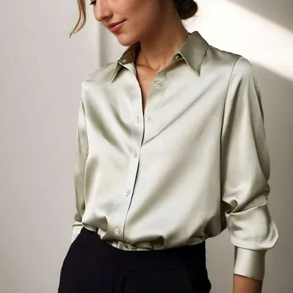 Women's Loose Long Sleeve Satin Button-Down Blouse