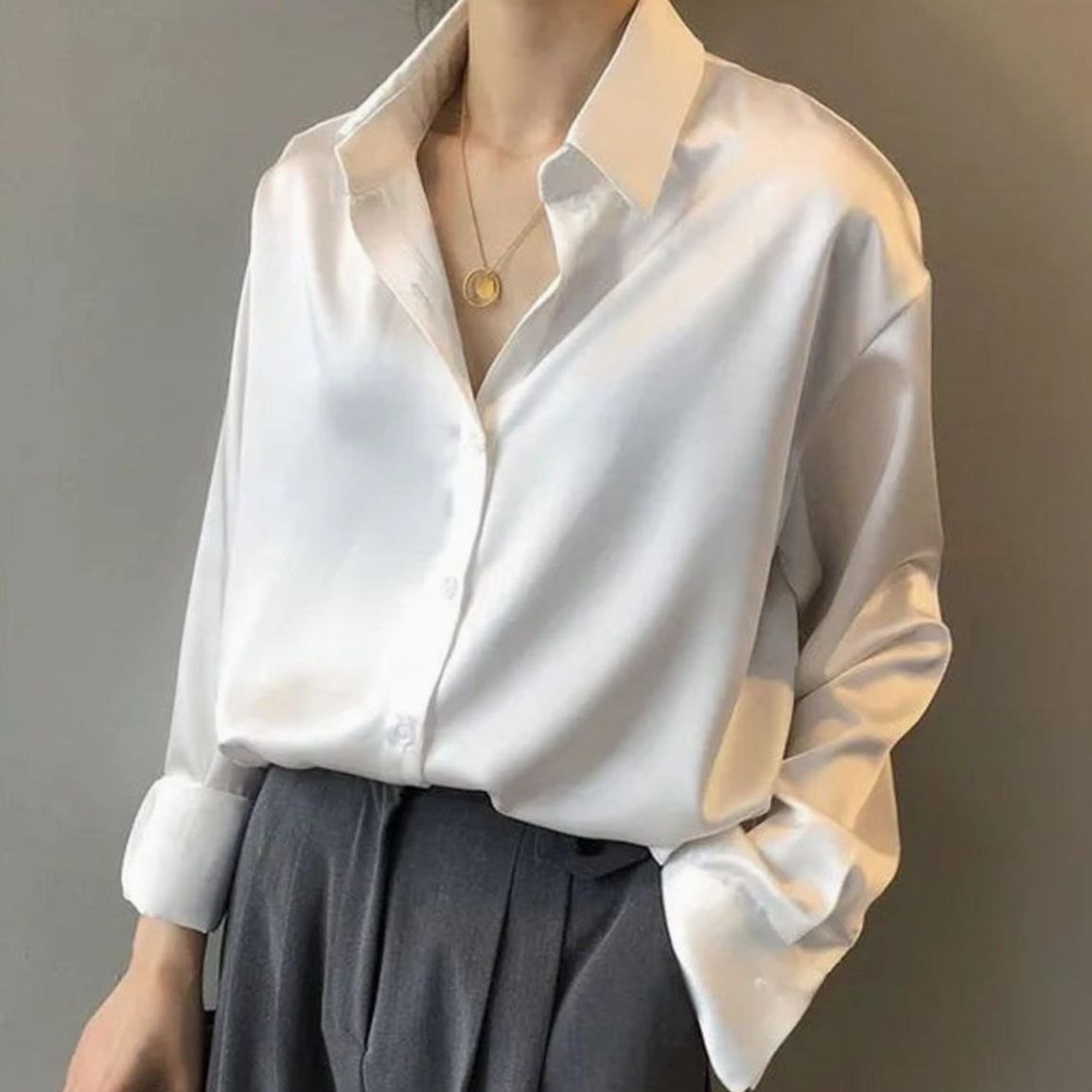 Women's Loose Long Sleeve Satin Button-Down Blouse