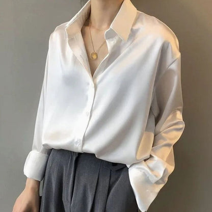 Women's Loose Long Sleeve Satin Button-Down Blouse