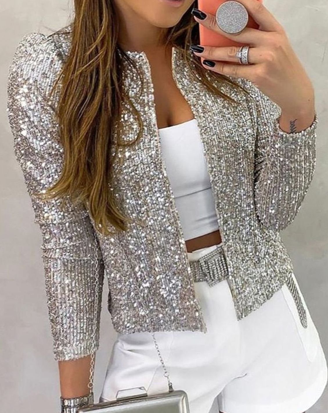 Women's Open-Front Sequin Sparkle Party Jacket