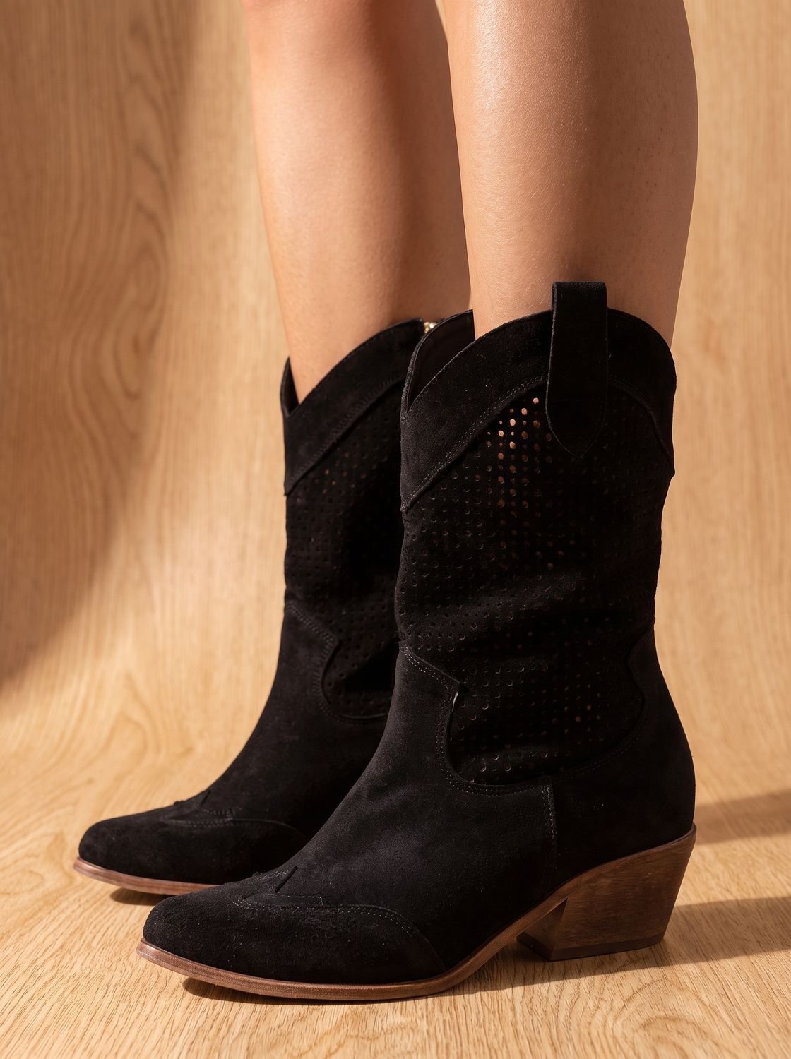 Women's Orthopedic Western Mid-Calf Perforated Suede Block-Heel Boots