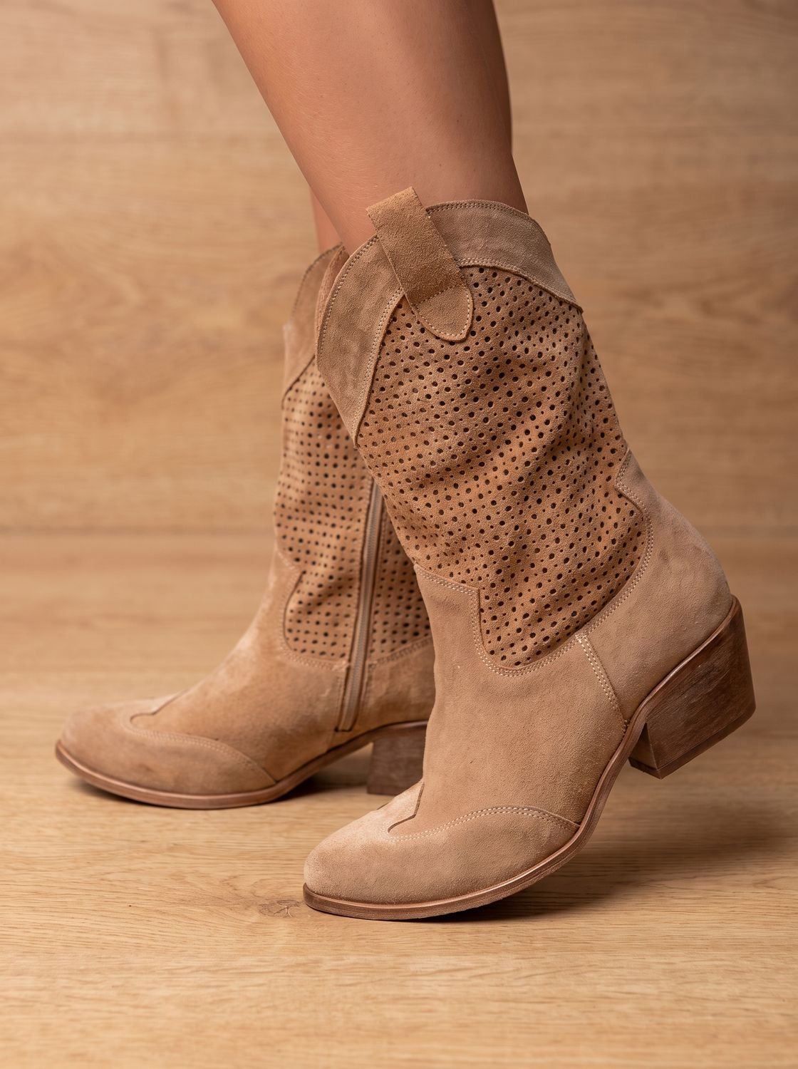 Women's Orthopedic Western Mid-Calf Perforated Suede Block-Heel Boots