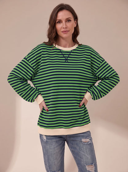 Women's Oversized Retro Striped Crewneck Sweatshirt