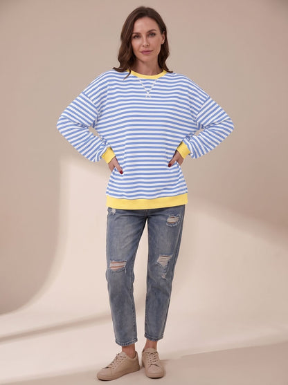 Women's Oversized Retro Striped Crewneck Sweatshirt