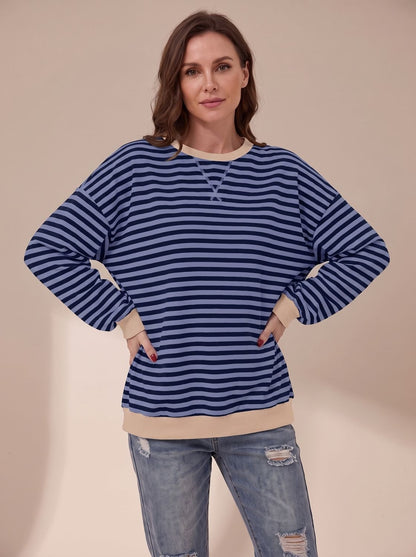 Women's Oversized Retro Striped Crewneck Sweatshirt