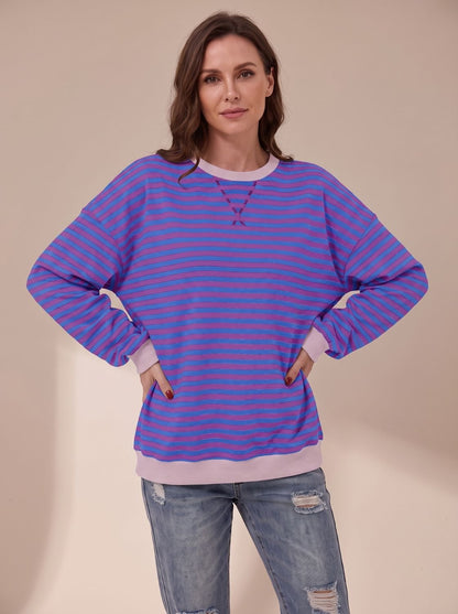 Women's Oversized Retro Striped Crewneck Sweatshirt